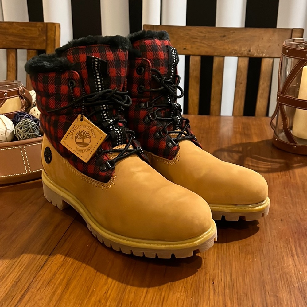 Timberland 6” Waterproof Puffer Boots Buffalo Plaid Wheat new Men’s Size 10.5